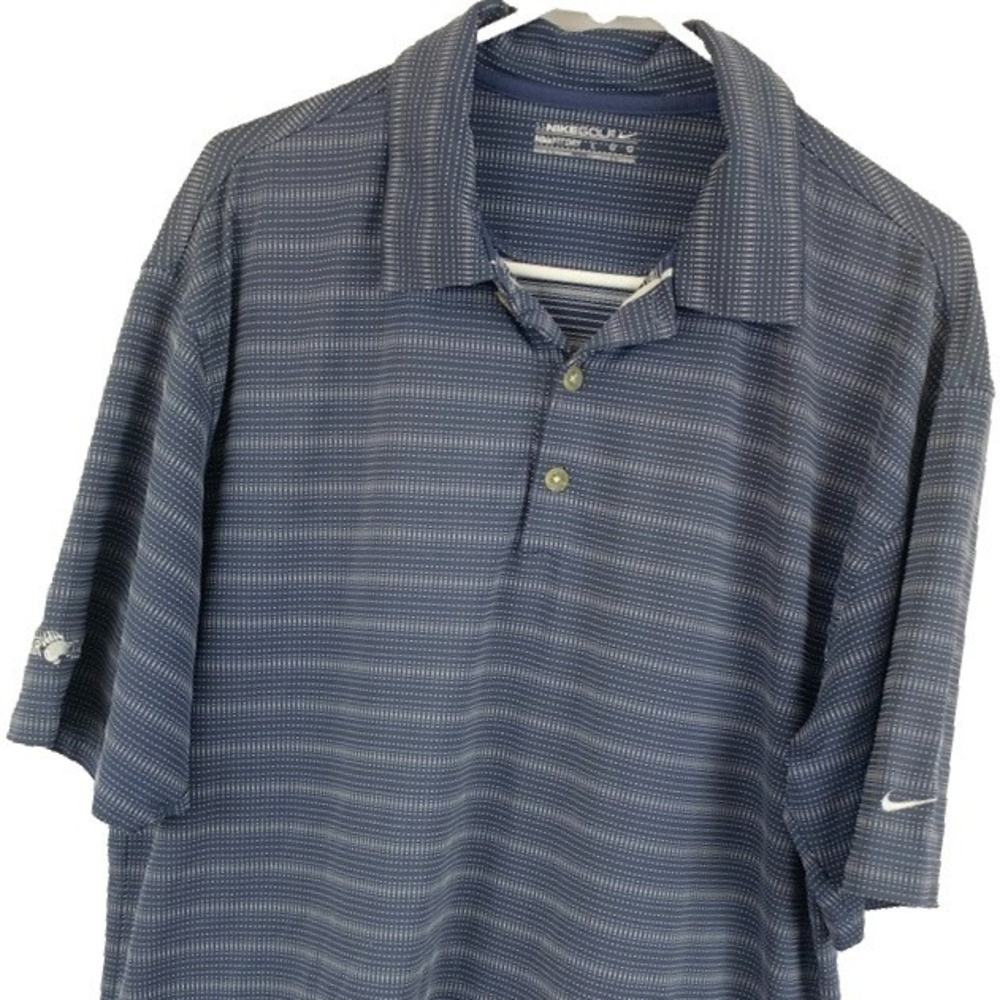 Nike Golf Fit Dry Polo Men Large Navy Blue Striped Bear Dance Short Sleeve Shirt